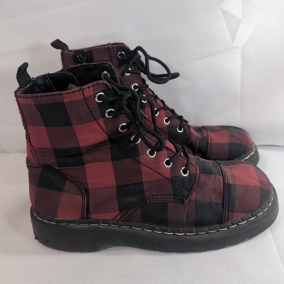 T.U.K. 2013 Anarchic Boots Plaid Red Black Lace Up Women's 9 T2192 7 Eye Punk - Picture 4 of 16